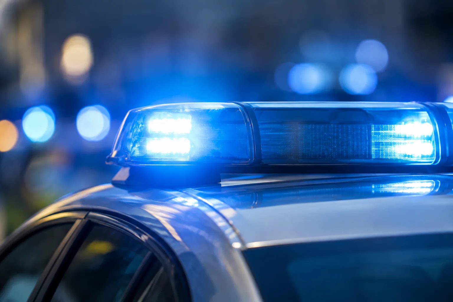 Generisches Polizeifahrzeug mit eingeschaltetem Blaulicht als Motiv zu einem Polizeieinsatz in Pforzheim.