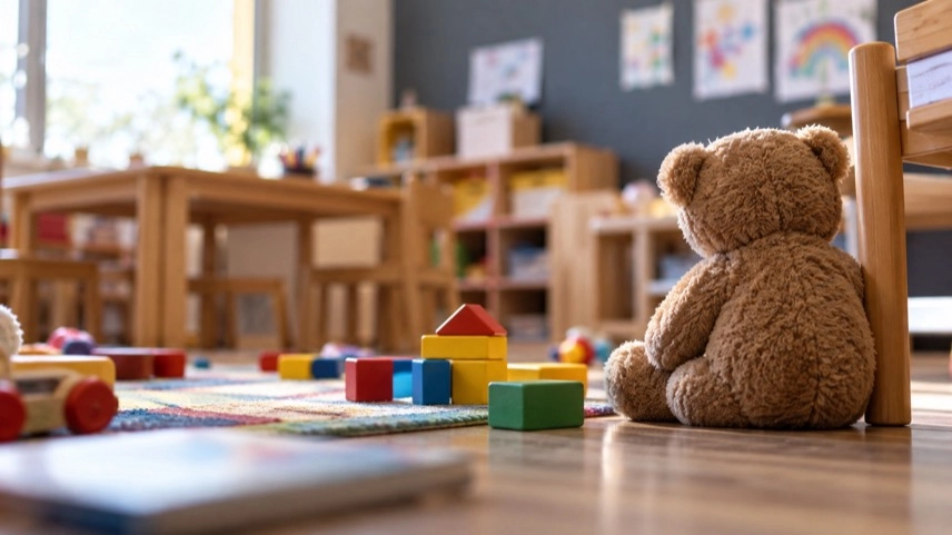 Geschlossener Eingangsbereich einer Kindertagesstätte mit Schlüsselbund und Sicherheitskarte auf einer Ablage.