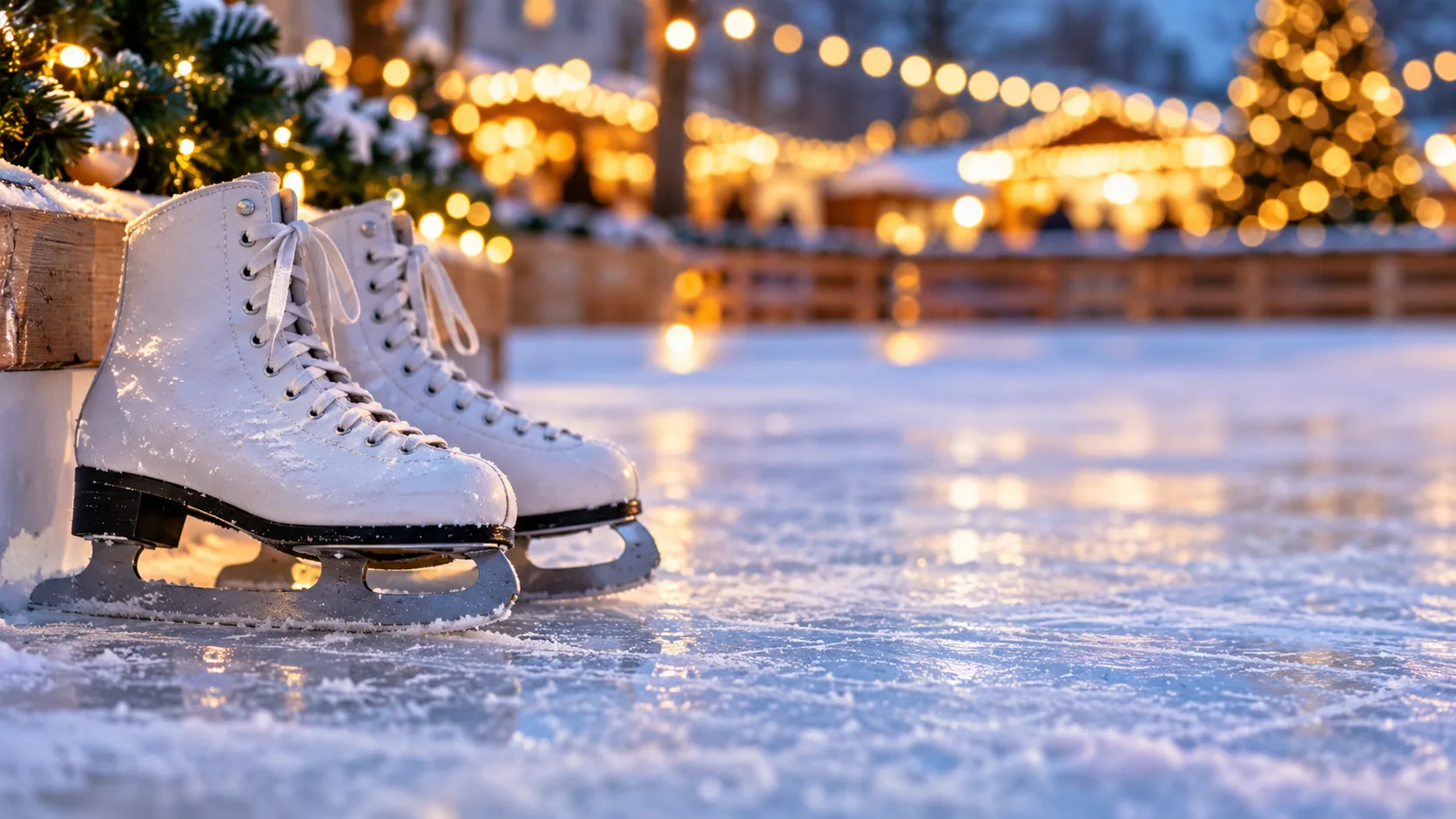 Weiße Schlittschuhe auf einer Eisfläche vor winterlicher Beleuchtung und geschmückten Tannenzweigen