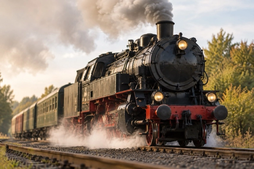 Historische Dampflok auf verzweigten Bahngleisen als Motiv für eine Dampfzug-Sonderfahrt