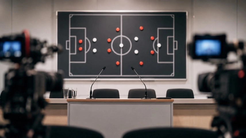 Ein neutrales Rednerpult mit Mikrofonen vor einer Taktiktafel mit Fußballfeld in einem modernen Pressekonferenzraum.