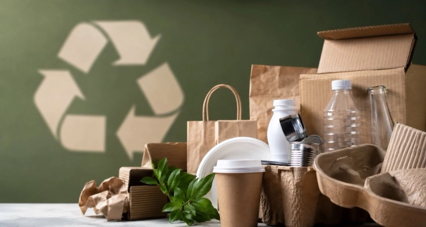 Verschiedene Verpackungen aus Karton, Kunststoff und Glas neben einem Mehrwegbehälter zur EU-Verpackungsverordnung