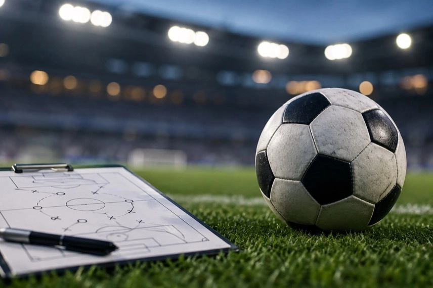 Leere Trainerbank und Taktikmappe am Spielfeldrand eines Fußballstadions.