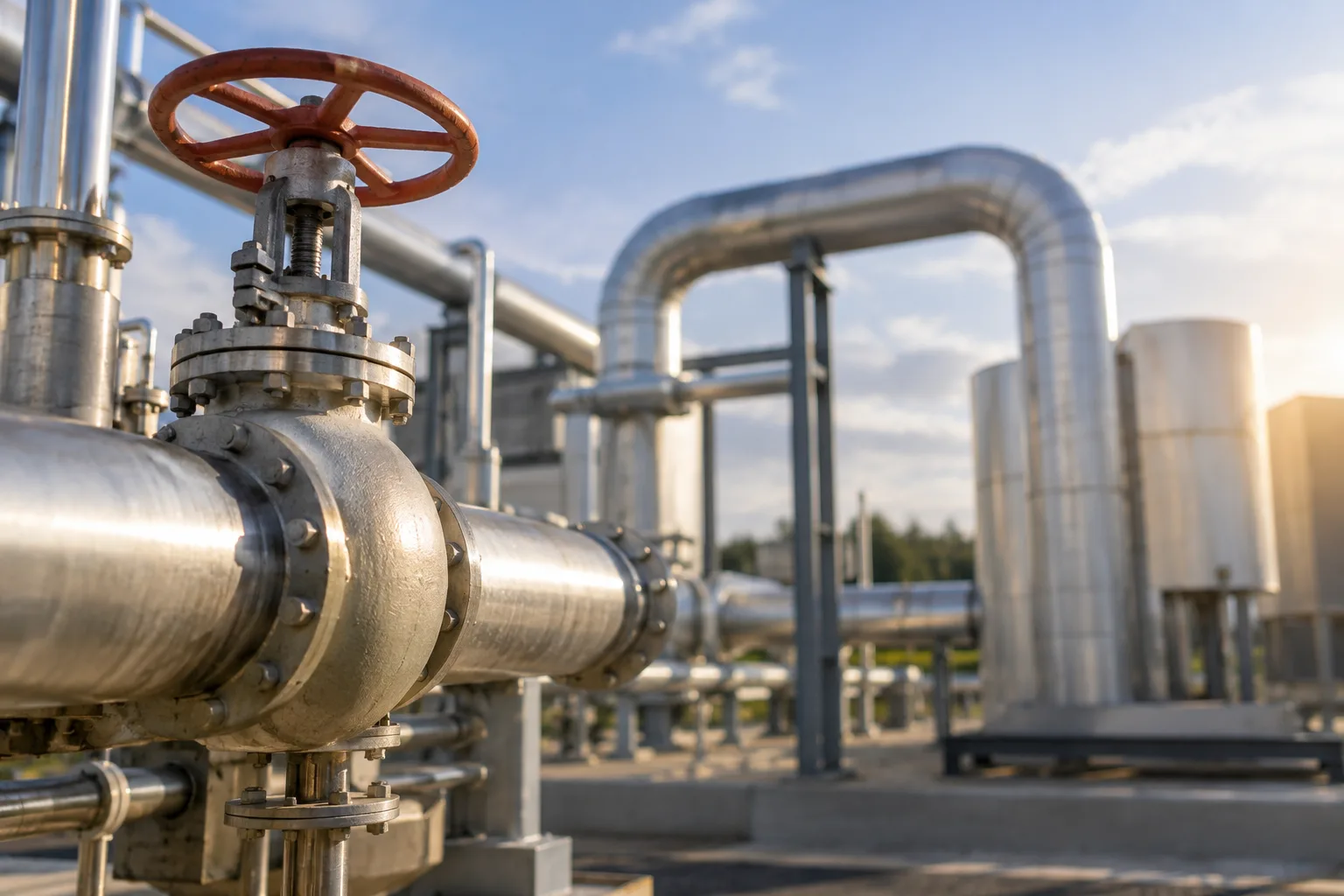 Industrielle Rohrleitungen, Ventile und Wärmetauscher einer technischen Anlage zur Fernwärmeversorgung.