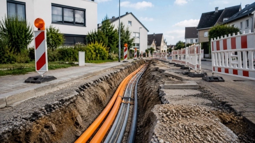 Baustelle für Glasfaserausbau in einem Wohngebiet mit offenen Gehwegen und verlegten Leerrohren in Bretten
