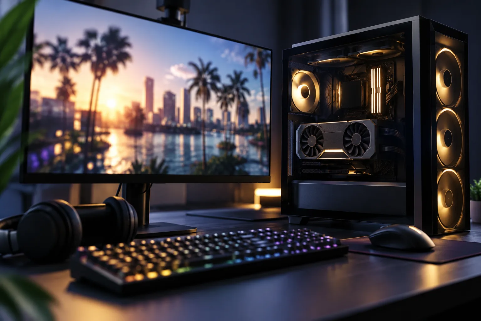 Gaming-PC mit Grafikkarte, Arbeitsspeicher und Monitor auf einem Schreibtisch