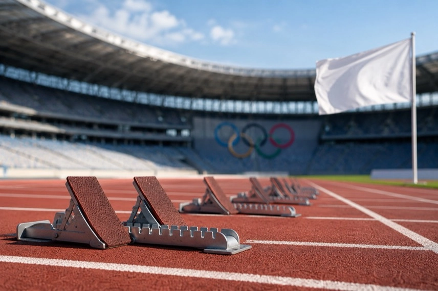 Leere Startblöcke auf einer Laufbahn mit einer neutralen weißen Fahne vor einem modernen Stadion als Symbol für internationale Wettkämpfe.