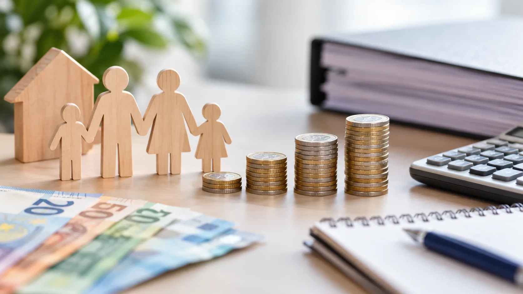 Euro-Geldscheine, Taschenrechner, Dokumentenordner und Smartphone auf einem Schreibtisch zum Thema Kindergeld 2027.