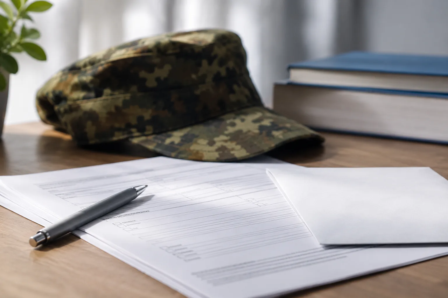 Formular und Briefumschlag neben militärischer Kopfbedeckung zum Thema Kriegsdienstverweigerung und neuer Wehrdienst