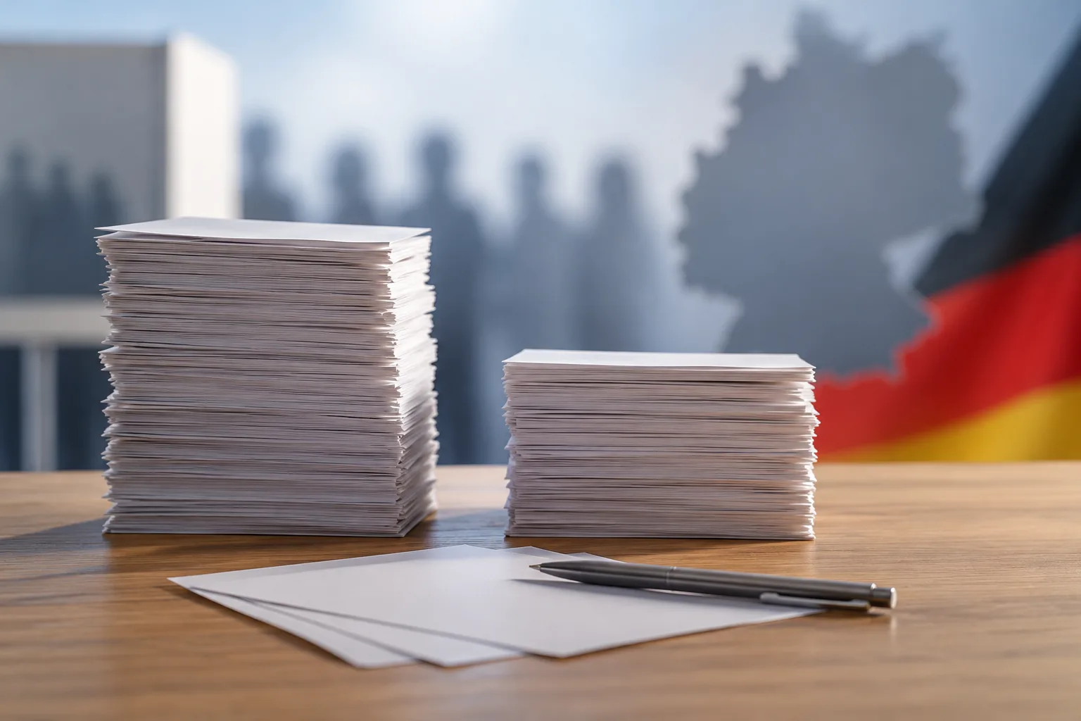 Zwei unterschiedlich hohe Papierstapel neben unbeschrifteten Wahlzetteln und einem Stift auf einem Tisch.