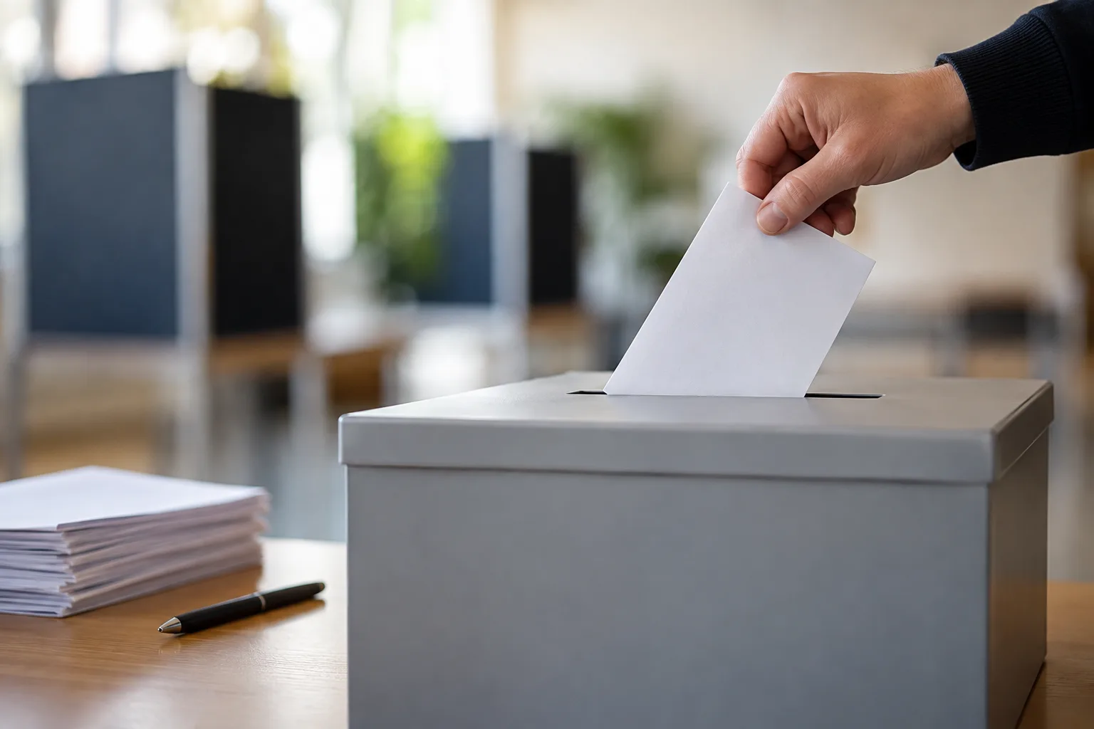 Wahlurne mit gefaltetem Stimmzettel und Kugelschreiber auf einem neutralen Tisch zur Oberbürgermeisterwahl.