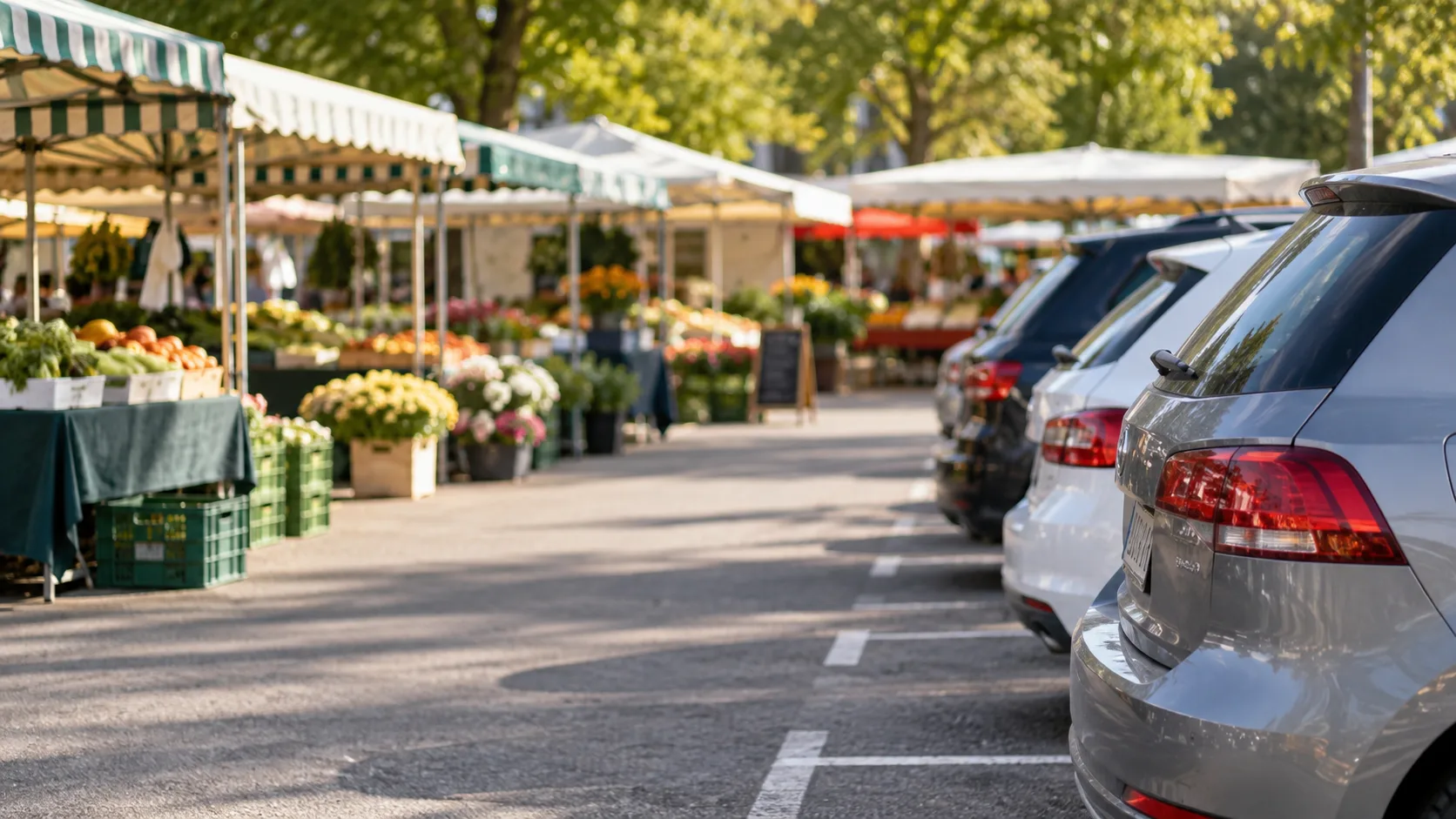 Mehrere Marktstände eines Wochenmarkts neben einer Parkfläche mit abgestellten Autos.