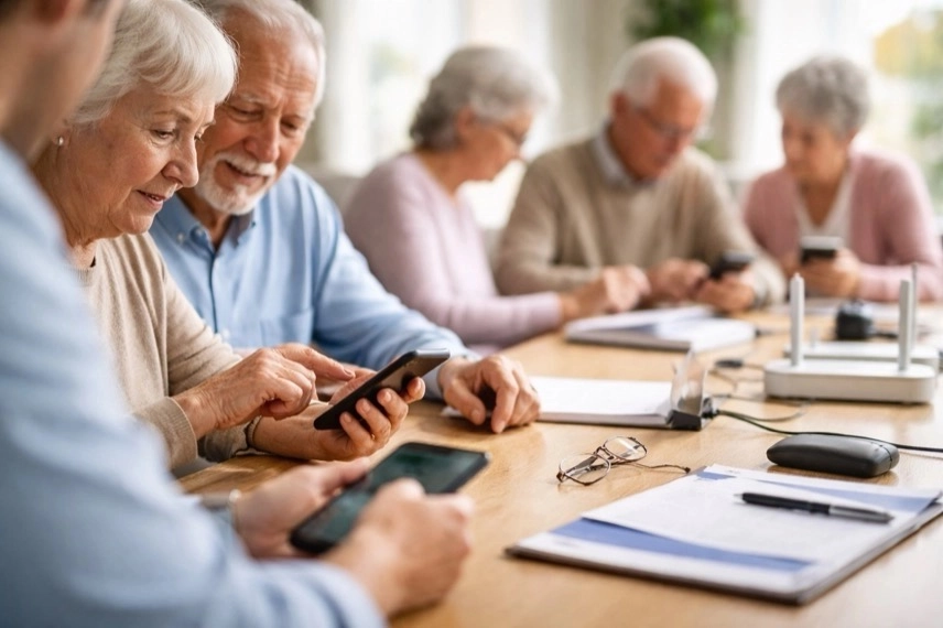 Senioren lernen Smartphone Nutzung und WLAN Einrichtung mit Unterstützung in einem digitalen Treff