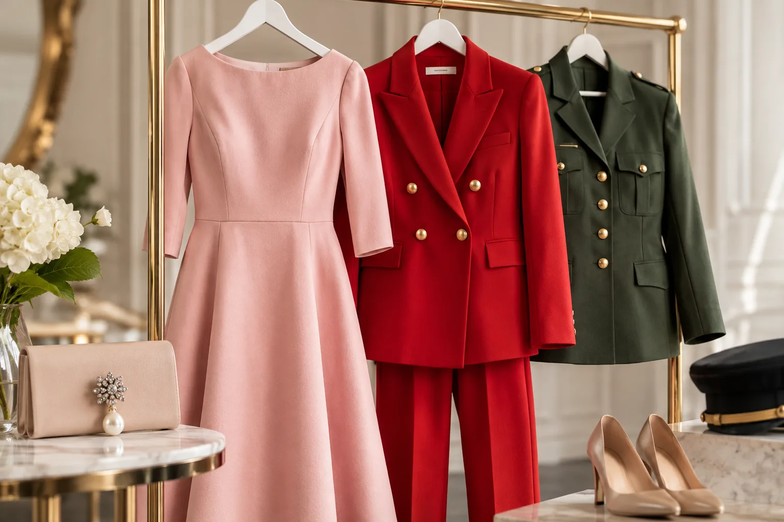 Hellrosa Kleid, roter Hosenanzug und dunkelgrüne Jacke an einer Kleiderstange mit dezenten Schmuckaccessoires.
