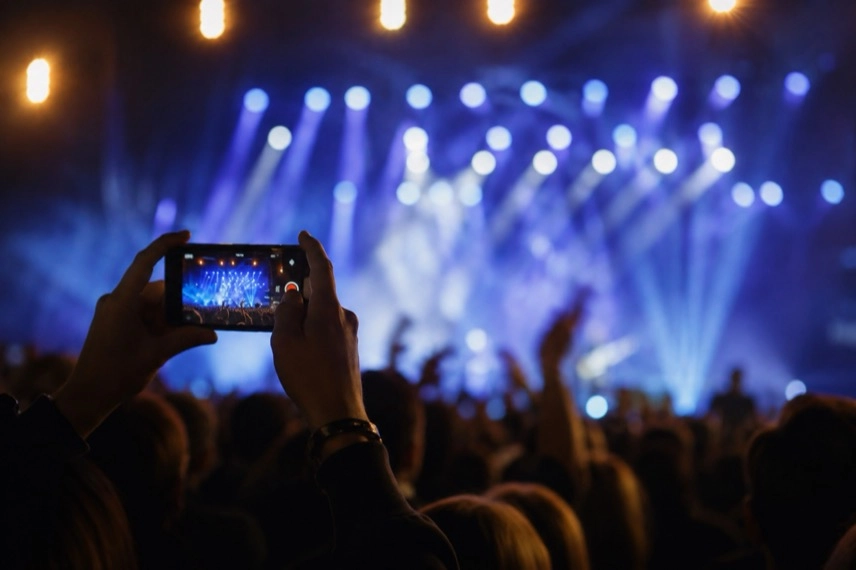 Smartphone mit digitalem Konzertticket vor einer neutralen Bühne als Motiv zum Tokio-Hotel-Konzert 2027.