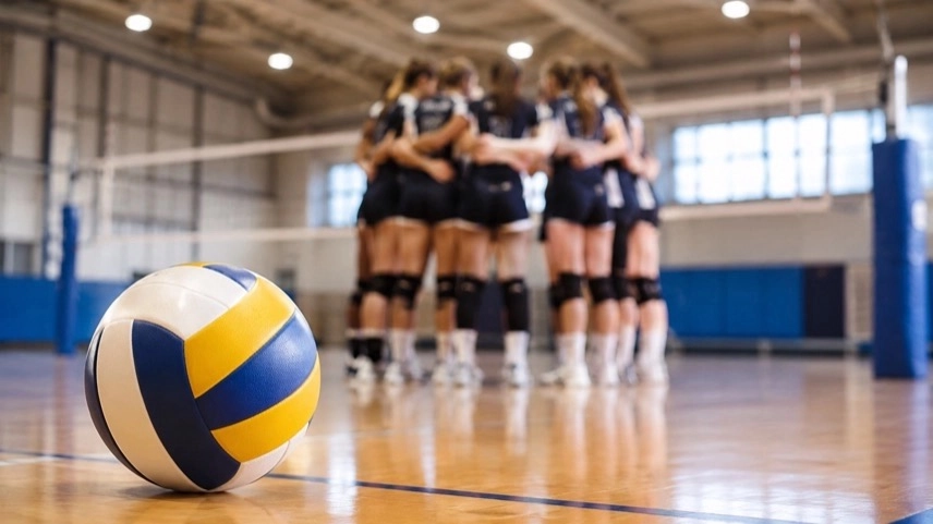 Volleyballhalle mit Frauenmannschaft und Ball nach einem Spiel im Regionalliga- und 3.-Liga-Volleyball