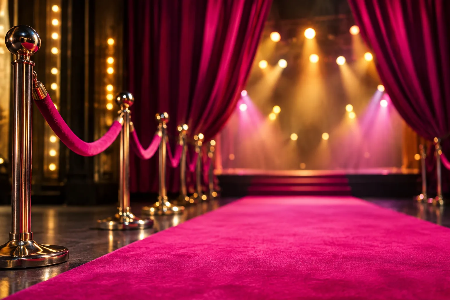 Pinker Teppich vor einem geöffneten Theatervorhang mit beleuchteter Bühne als Motiv einer Musical-Premiere.
