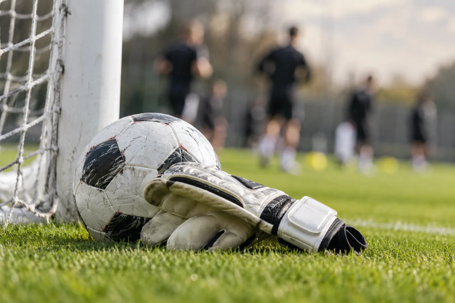 Fußballtor mit Torwarthandschuhen und Ball auf einem Trainingsplatz als Motiv zur Torwartfrage beim VfB Stuttgart.