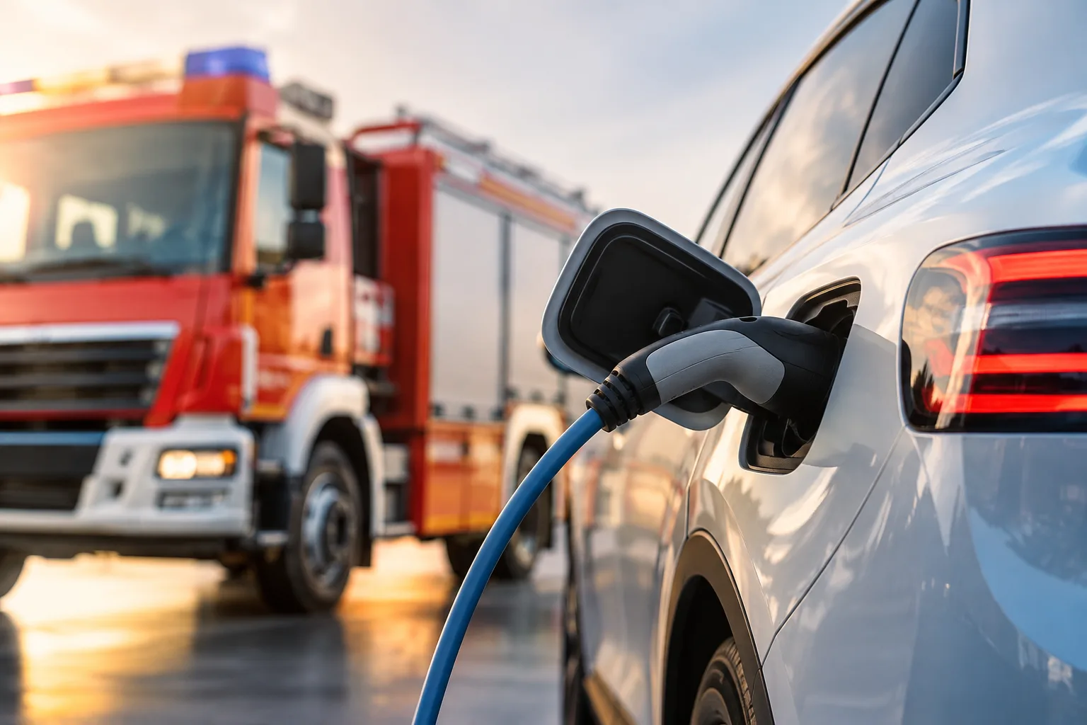 Neutrales Elektroauto mit angeschlossenem Ladekabel, im Hintergrund ein Feuerwehrfahrzeug.
