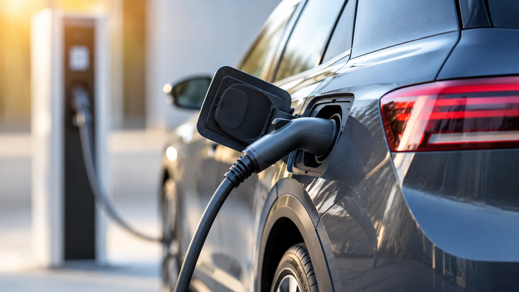 Dunkelgraues Elektroauto an einer Ladesäule mit angeschlossenem Ladekabel vor neutralem Hintergrund.