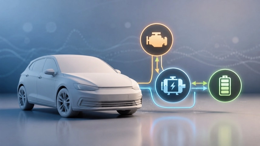 Abstraktes Fahrzeugmodell mit Symbolen für Batterie, Elektromotor und Benzinmotor als Darstellung eines VW Vollhybrid-Antriebs.