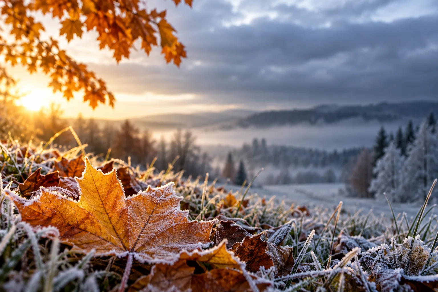 Herbstlandschaft mit goldenem Laub, frostbedeckten Gräsern und kahlen Bäumen unter grauem Himmel.