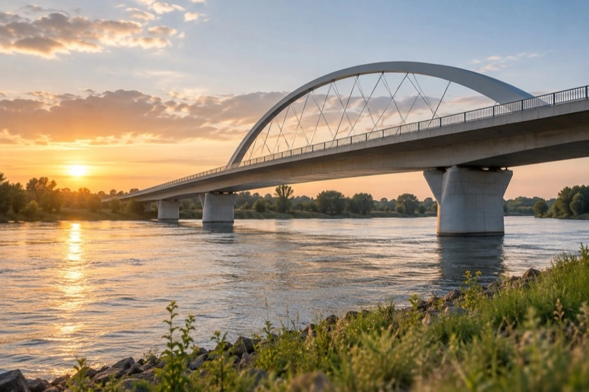Breiter Fluss mit Straßenbrücke und angedeuteter zweiter Rheinbrücke als modernes Verkehrsbauwerk.